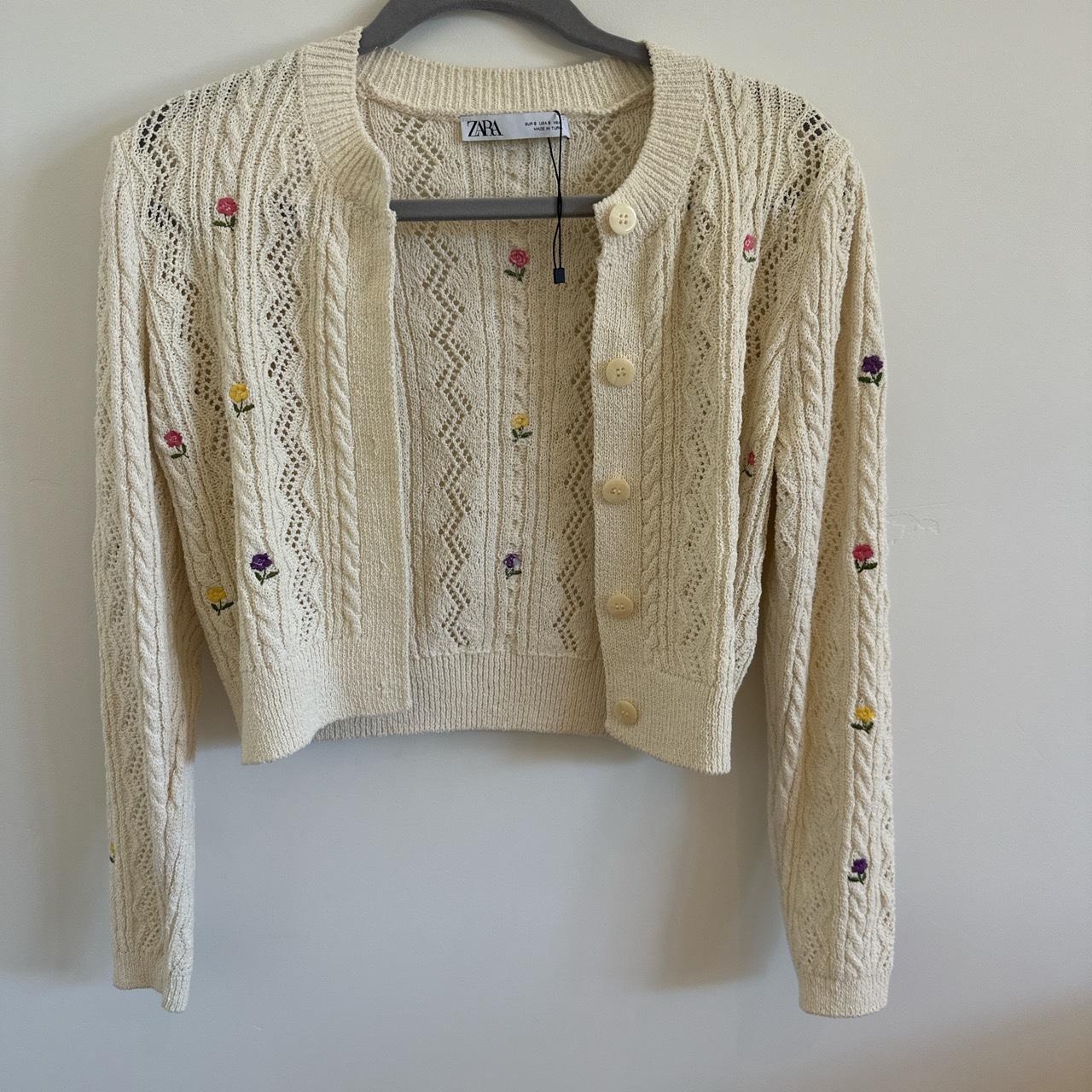 Zara Knit Cream Cropped Cardigan Depop