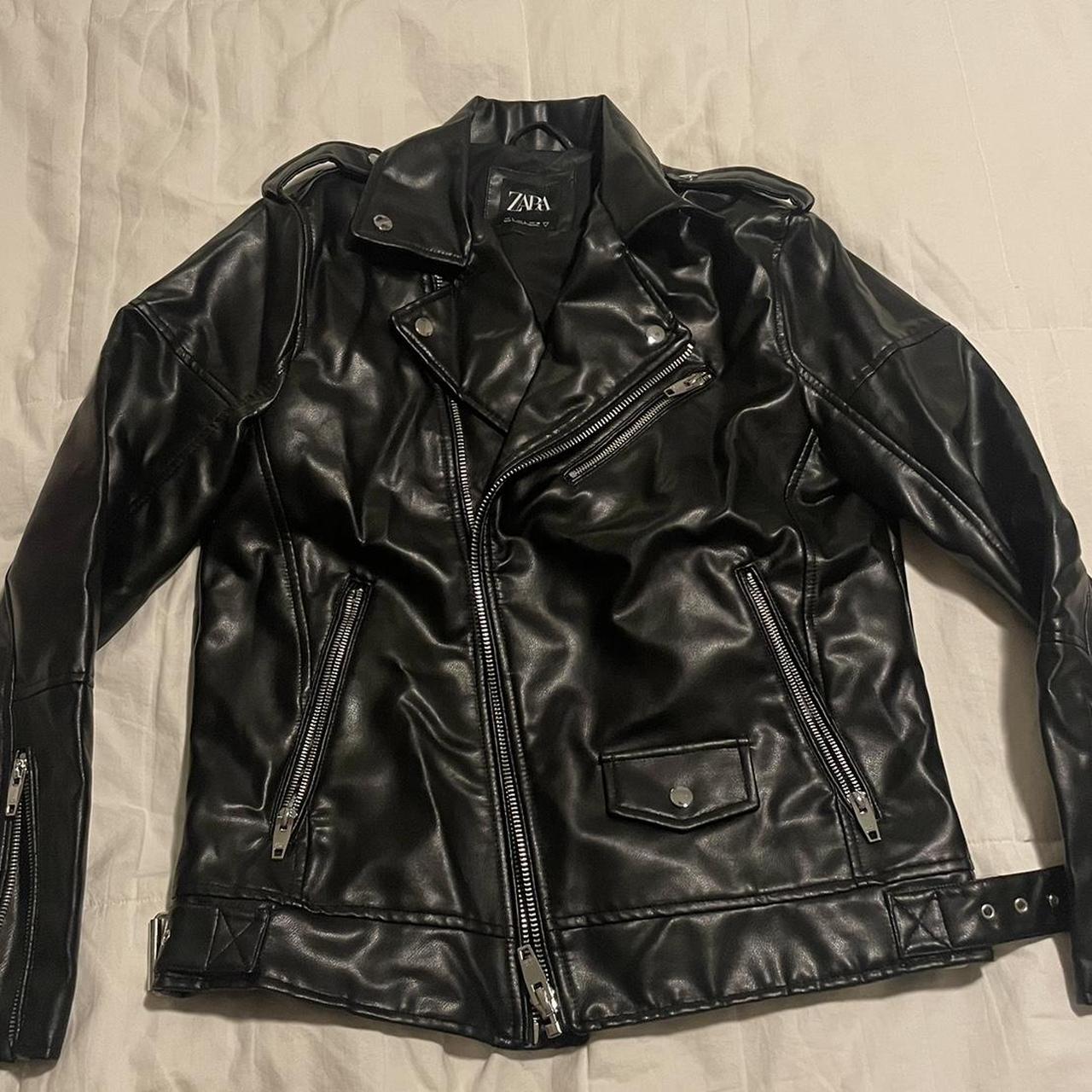 Zara Cropped Faux Leather Biker Jacket -Excellent... - Depop