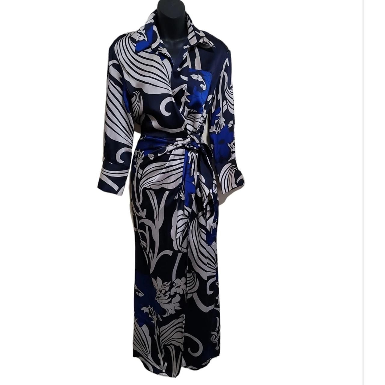 NWT Zara Printed Wrap Shirt Dress Black Blue... - Depop