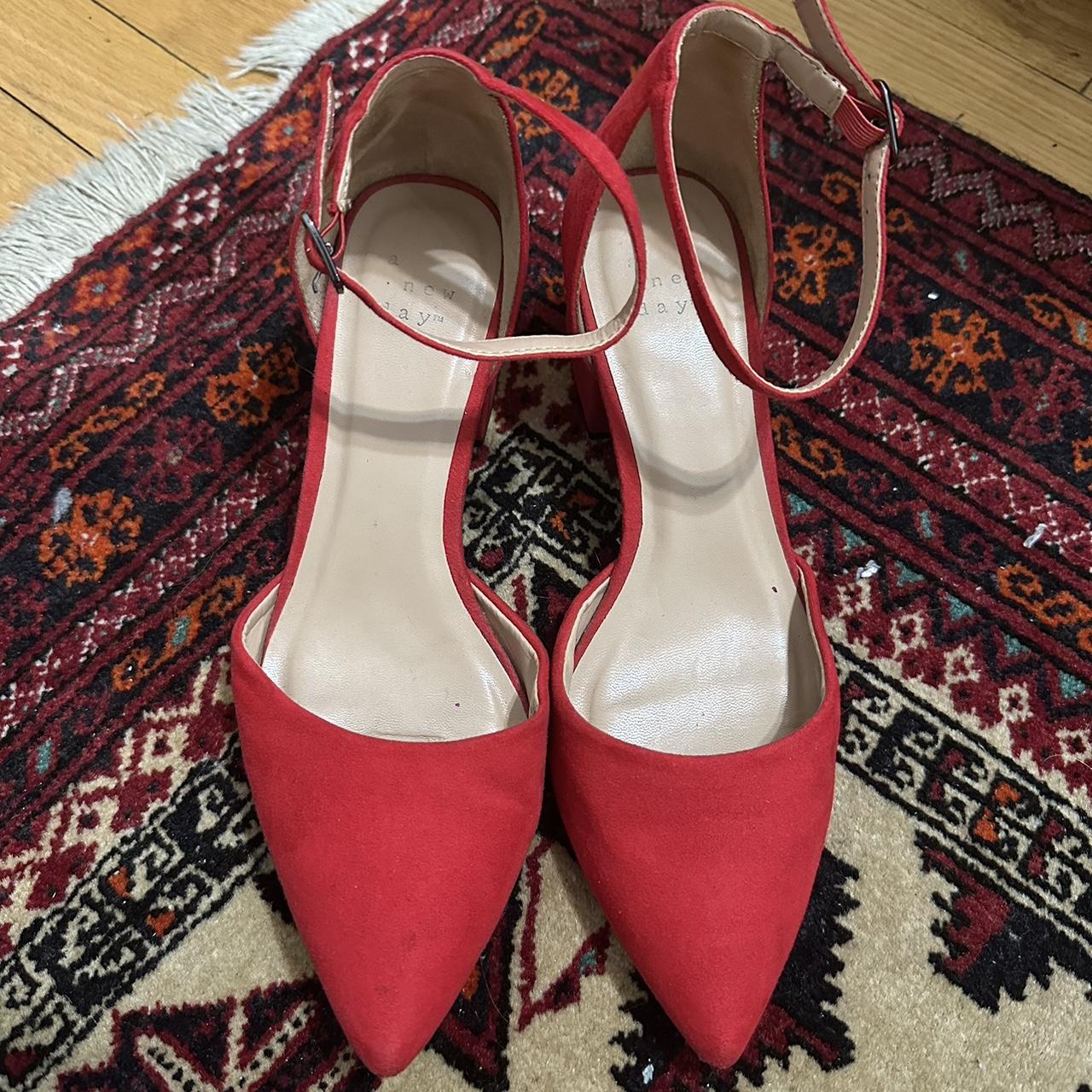 Bright red pointed toe, ankle strap block heels by A... - Depop