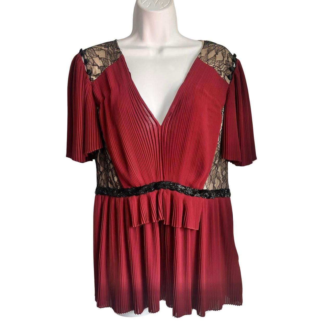 Prabal Gurung Maroon Tan Pleated Deep V Neck Blouse Depop