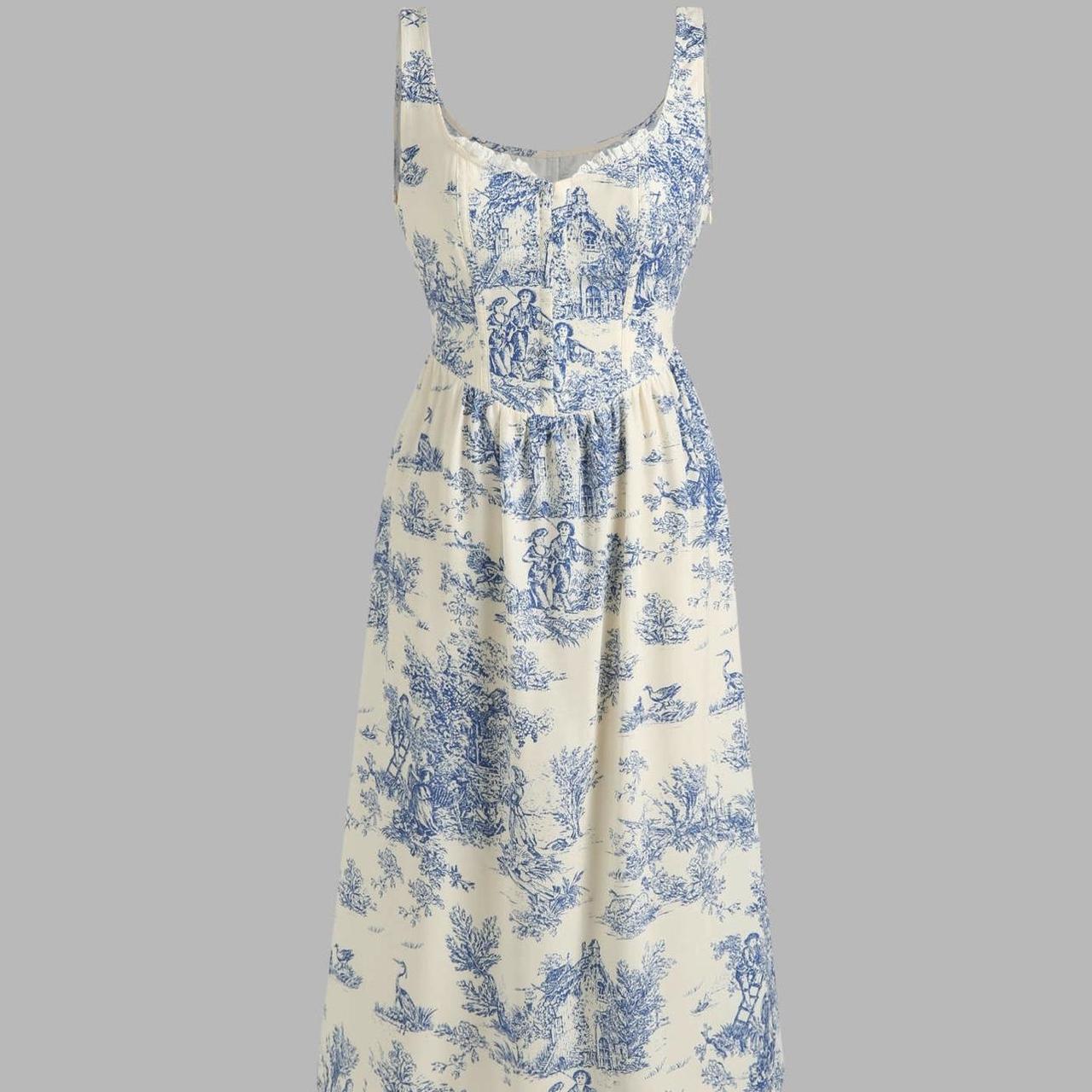 Cider Women's Blue and White Dress | Depop