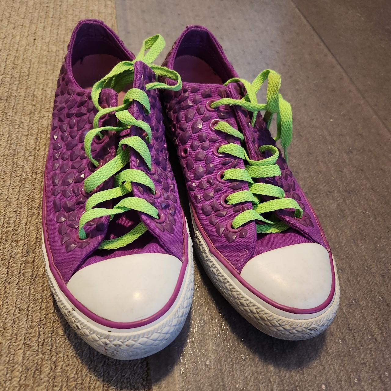 Purple Gem Converse with lime green laces and