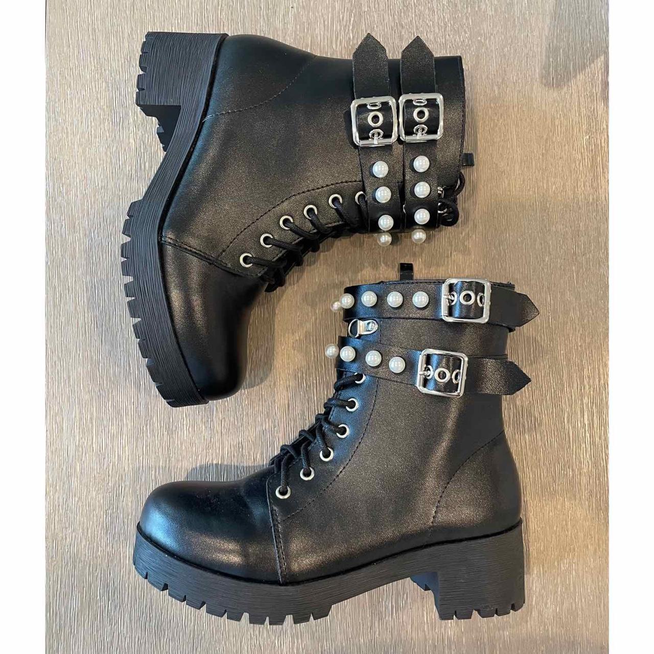 Chunky black combat boots with pearllaced... Depop