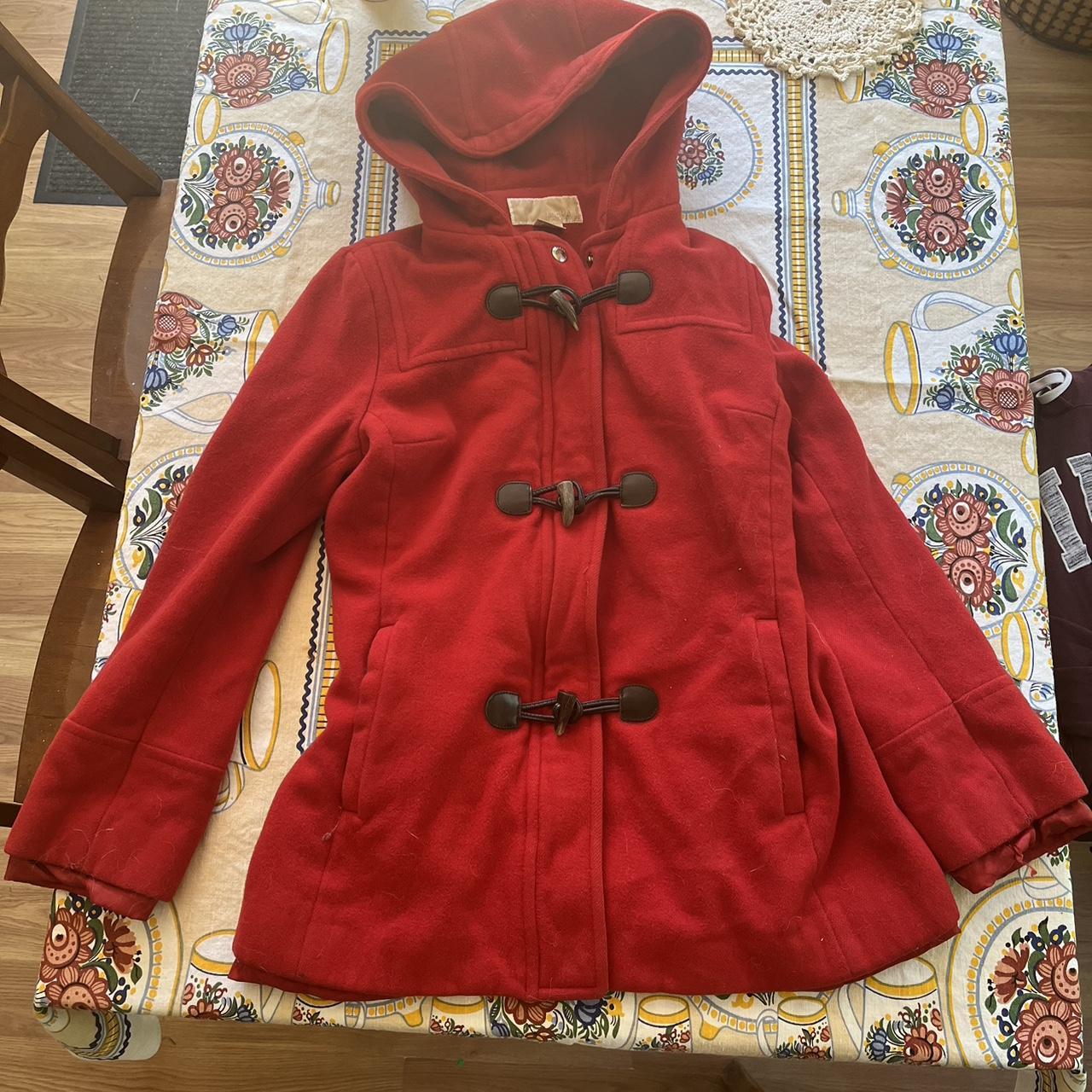 Michael kors red wool coat with hood and brown. Depop