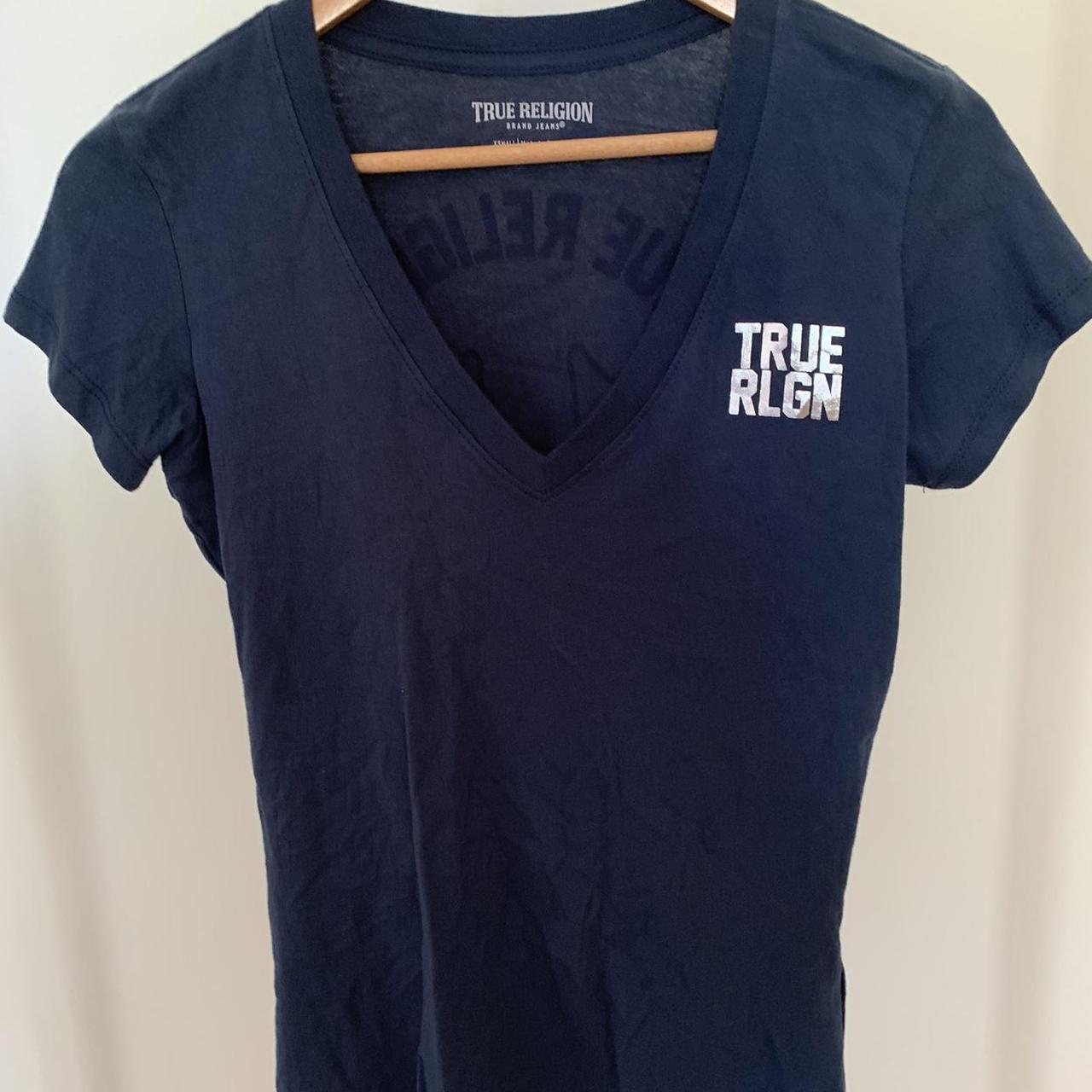 navy blue true religion t-shirt womens size... - Depop