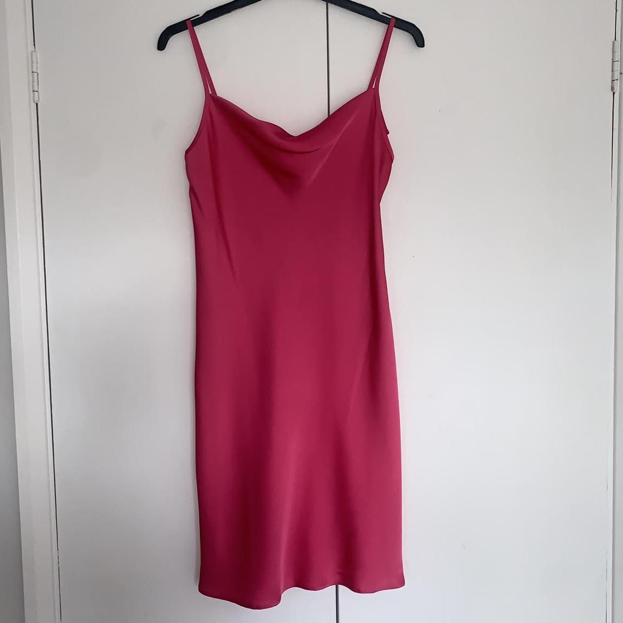 Fuchsia pink satin cowl neck slip dress -size... - Depop