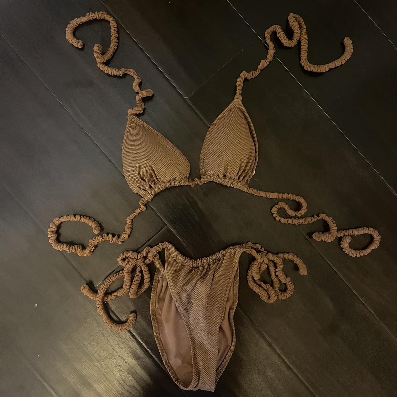 aerie brown tie string bikini size small worn once... - Depop