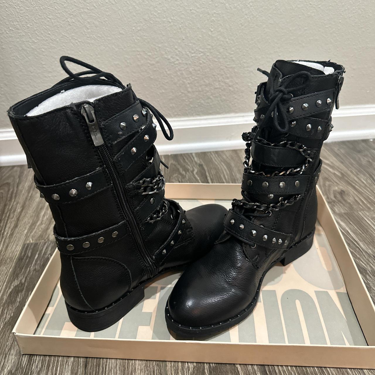 Black boots with studs and chain detailing Depop