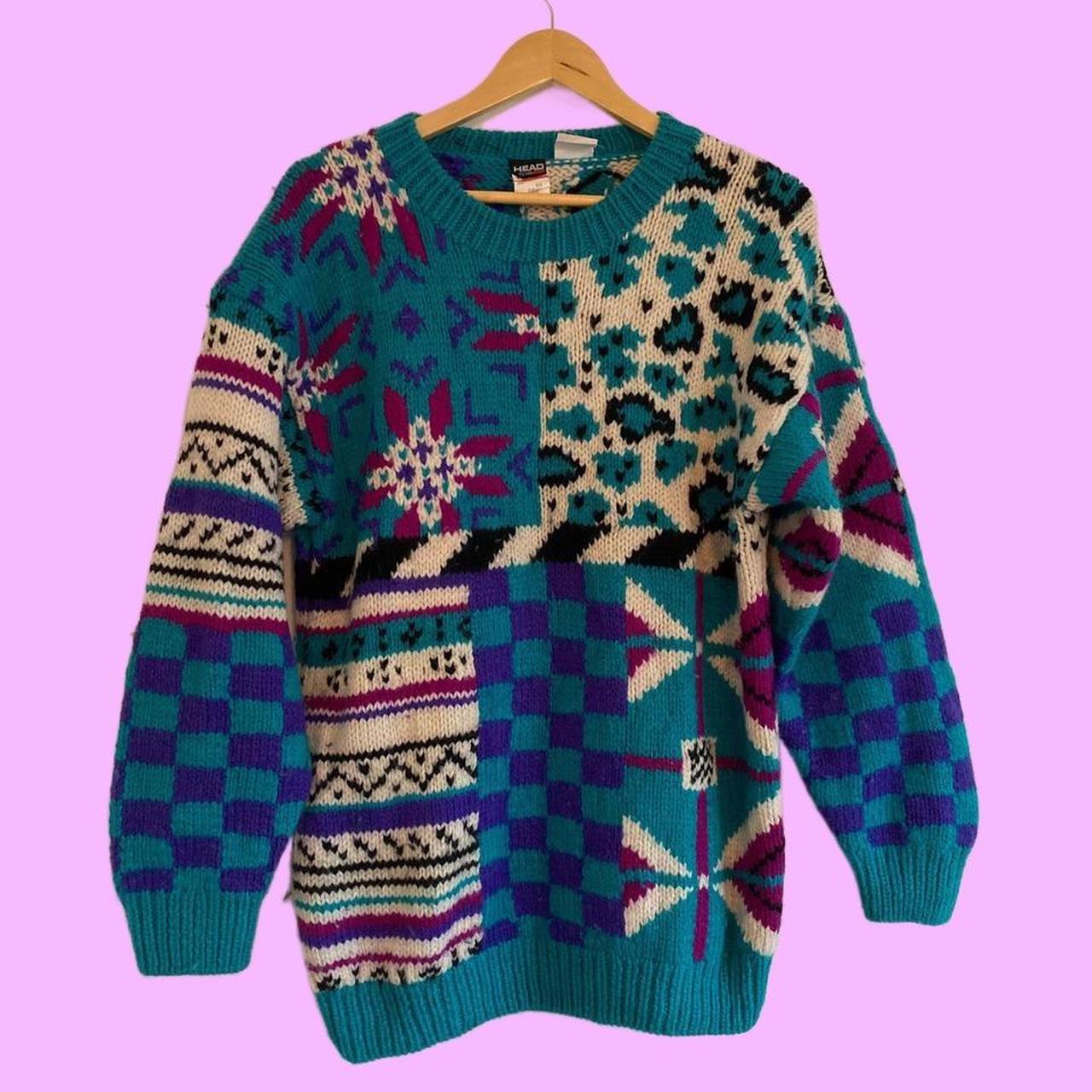 Vintage Patterned Jumper Funky Knitted Wool Winter... - Depop