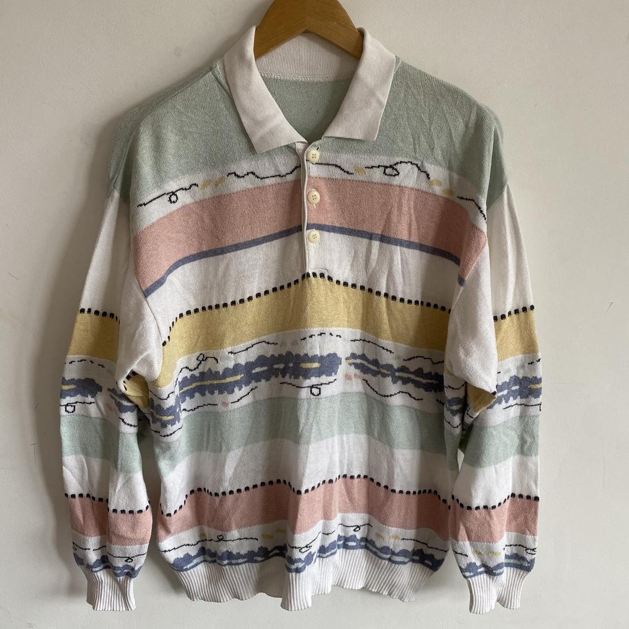 Vintage 90s Jumper Stripe Pastel Patterned Grandad... - Depop