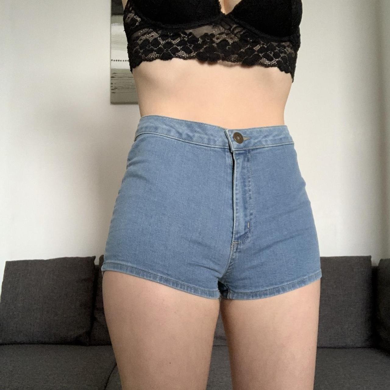 BLUE DENIM SHORTS High waisted short blue denim... - Depop