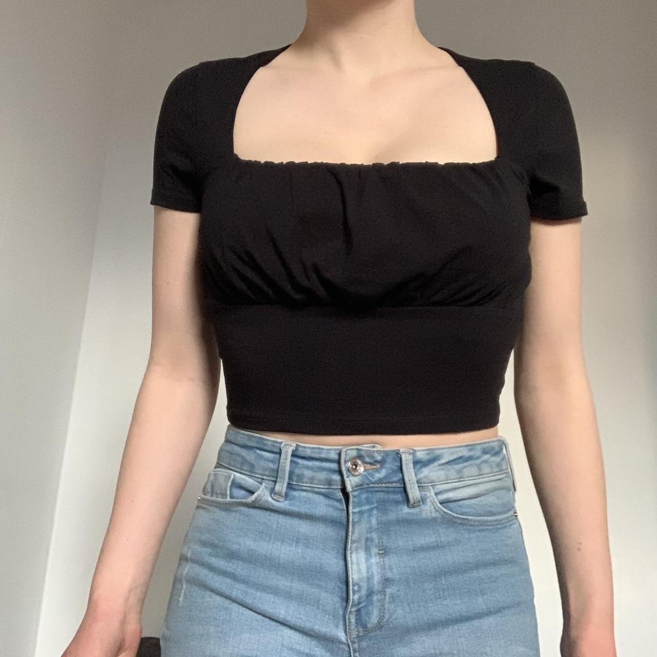 BLACK CROP TOP Stunning black form fitting stretchy... - Depop