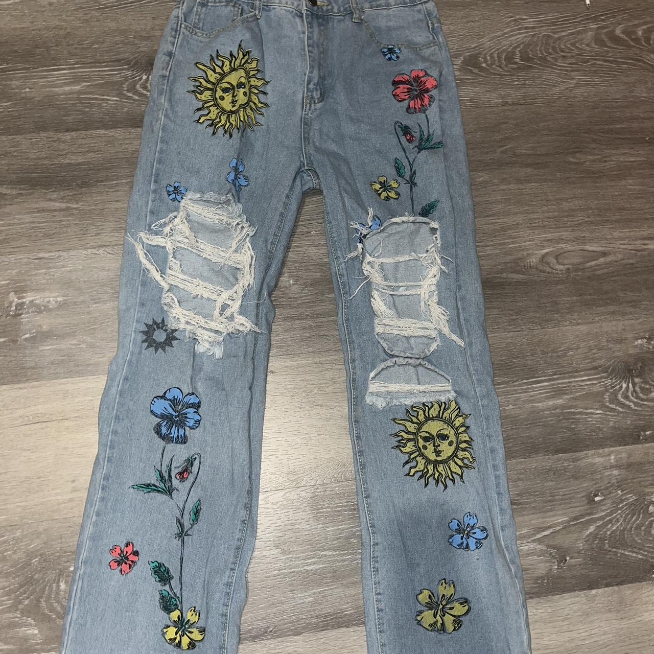 Light Wash Straight Leg Ripped Graphic Jeans (Size... - Depop