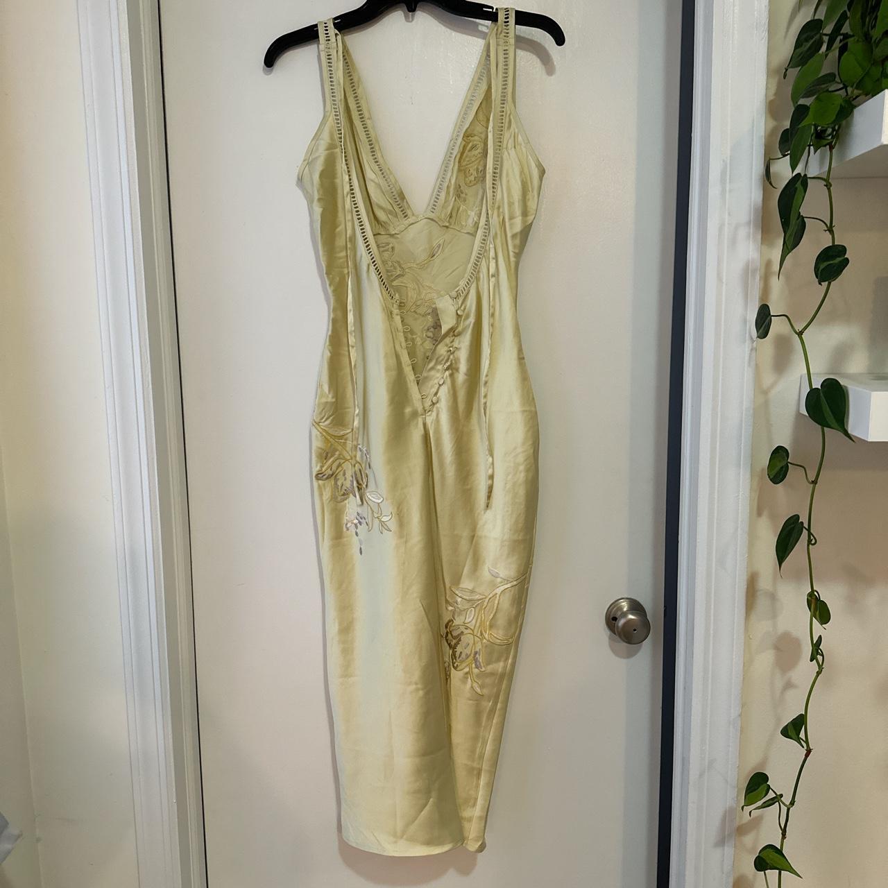 Cream satin midi dress with embroidered floral... Depop