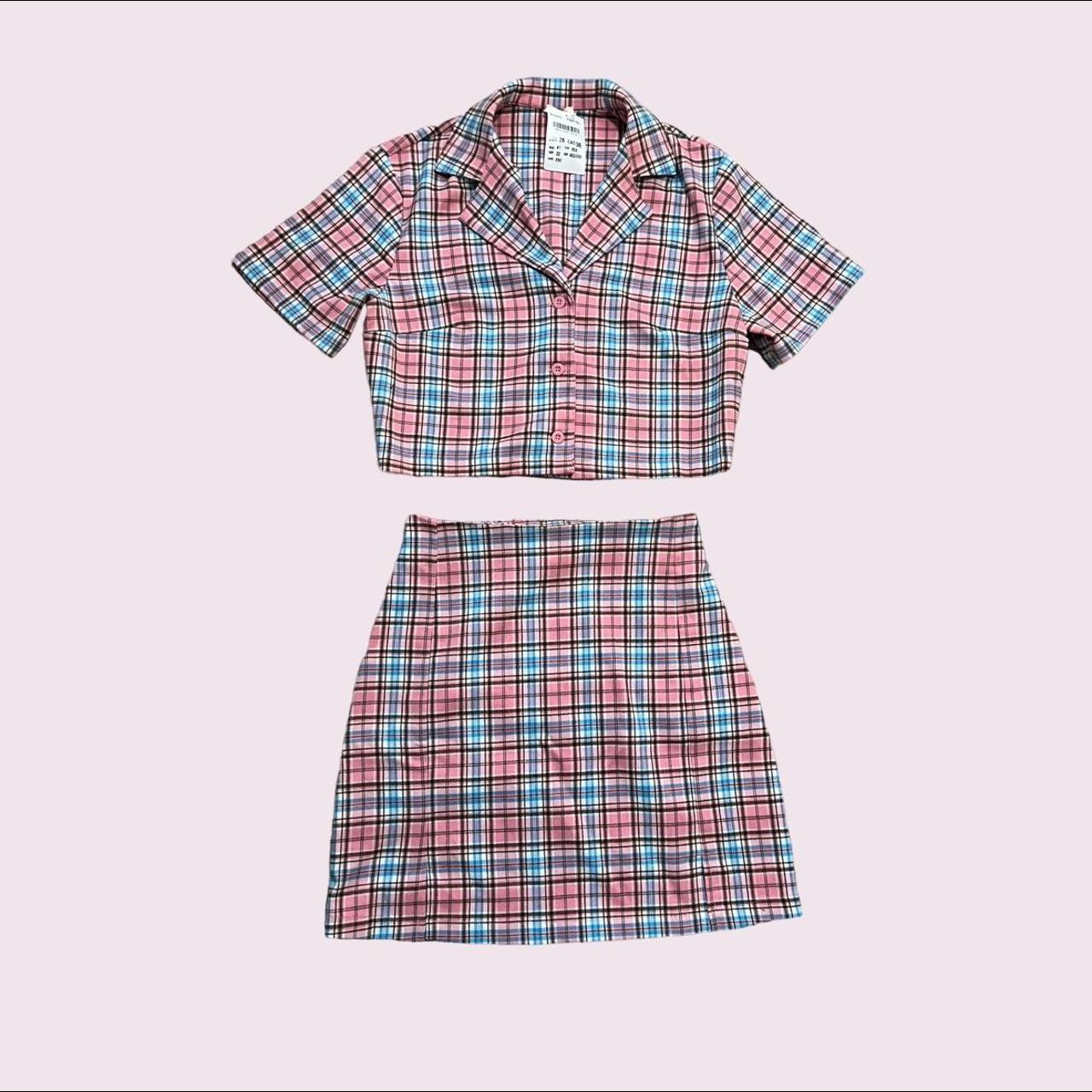 Brandy Melville pink and blue plaid button up crop... Depop