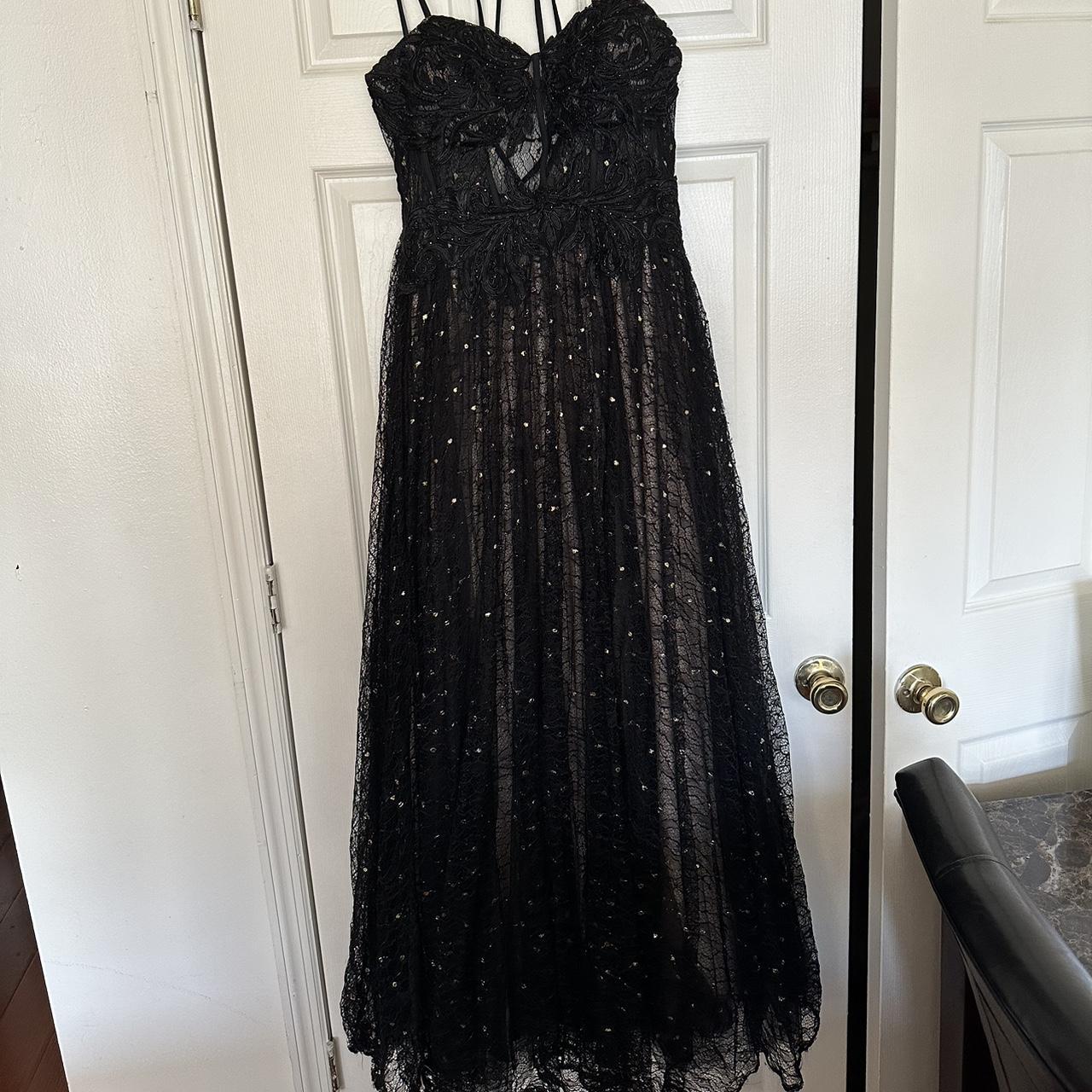 strapless black and gold evening gown, princess... - Depop