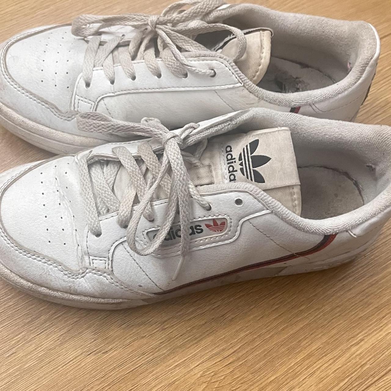 white vintage adidas trainers size 3 and a half... - Depop