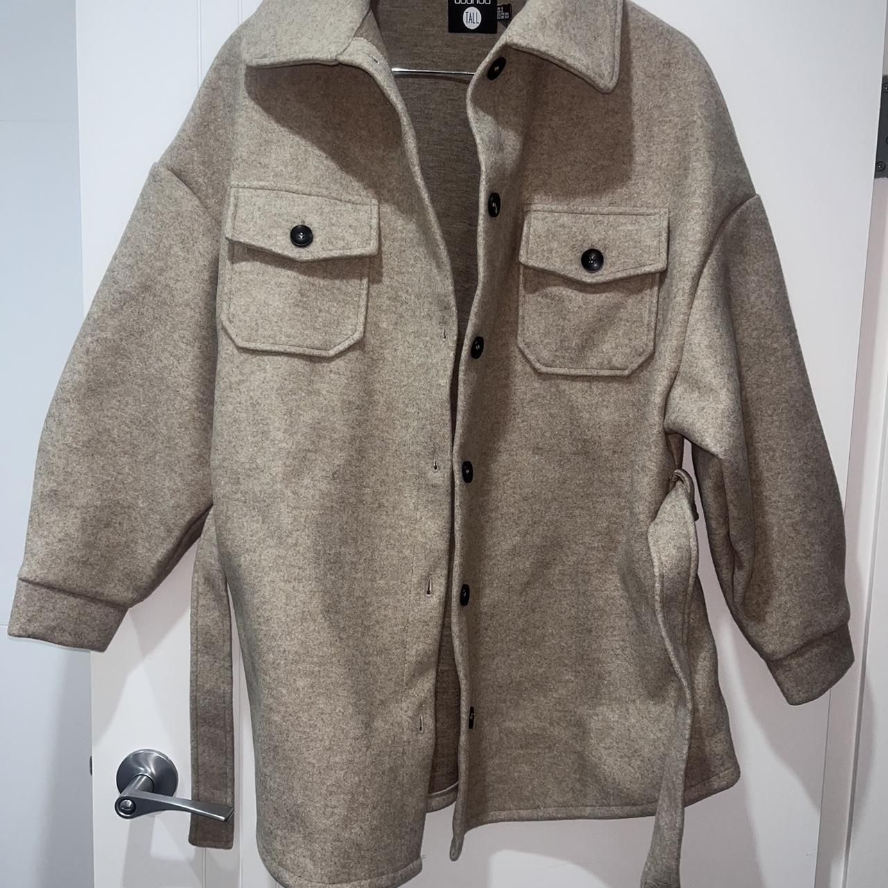 Boohoo tall wool belted shacket in oatmeal