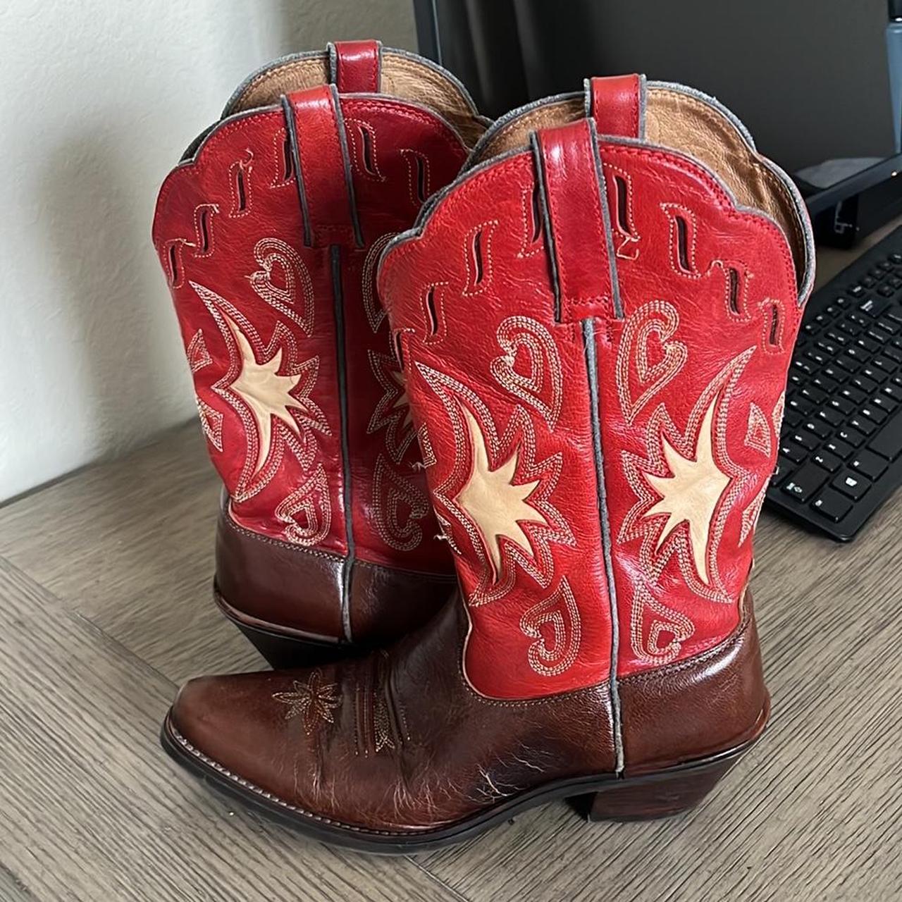 Red and Brown Western Ariat Boots with Yellow Depop
