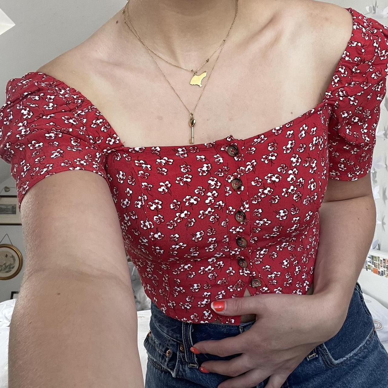 Urban Outfitters off the shoulder top in red floral... - Depop