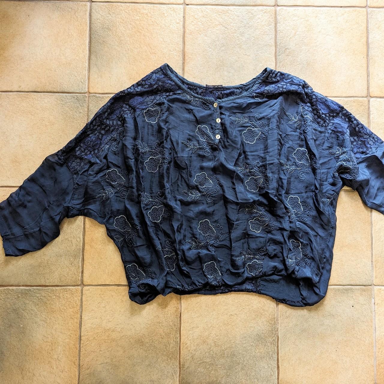 Unbranded beautiful navy blue silk top with silver... - Depop