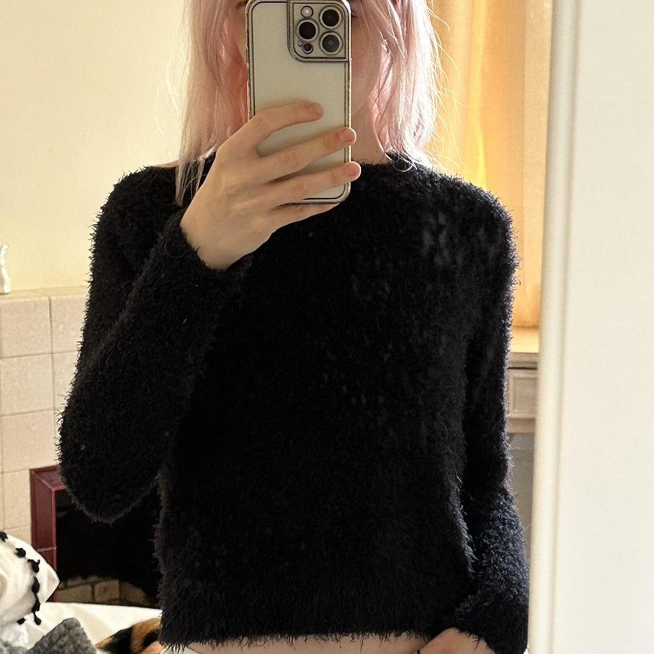 H M Divided Black Fuzzy Fluffy Furry Sweater worn