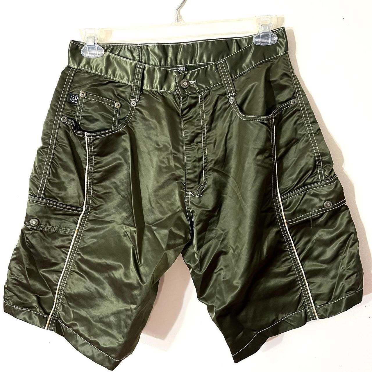VINTAGE KIKWEAR SHINY OLIVE GREEN RAVE SHORTS+ tag | Depop