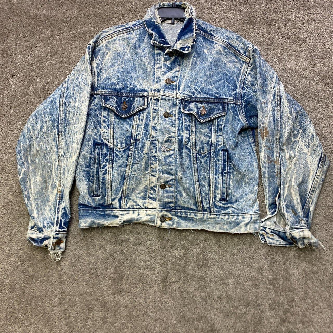 VINTAGE Jean Jacket Mens Medium Blue Denim Coat Acid... - Depop