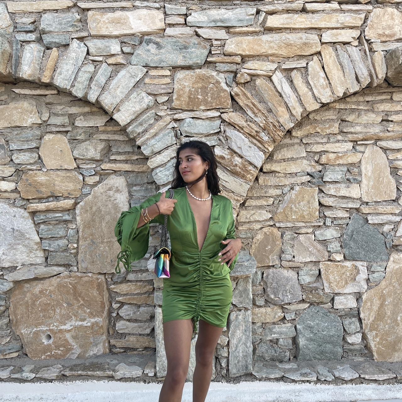 Plt Green Ruched V Neck Dress Size 6 Worn Once Depop