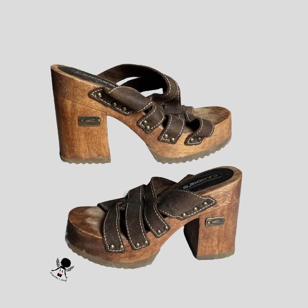 Vintage 90s Candie’s wooden platform heel sandals... - Depop