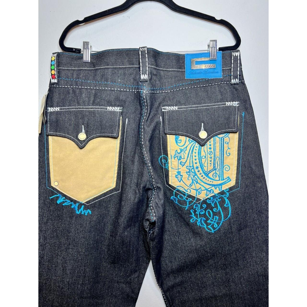 COOGI Vintage Jeans Pants Trousers Hype Navy Blue Logo Colorful Rainbow Sz  36/34