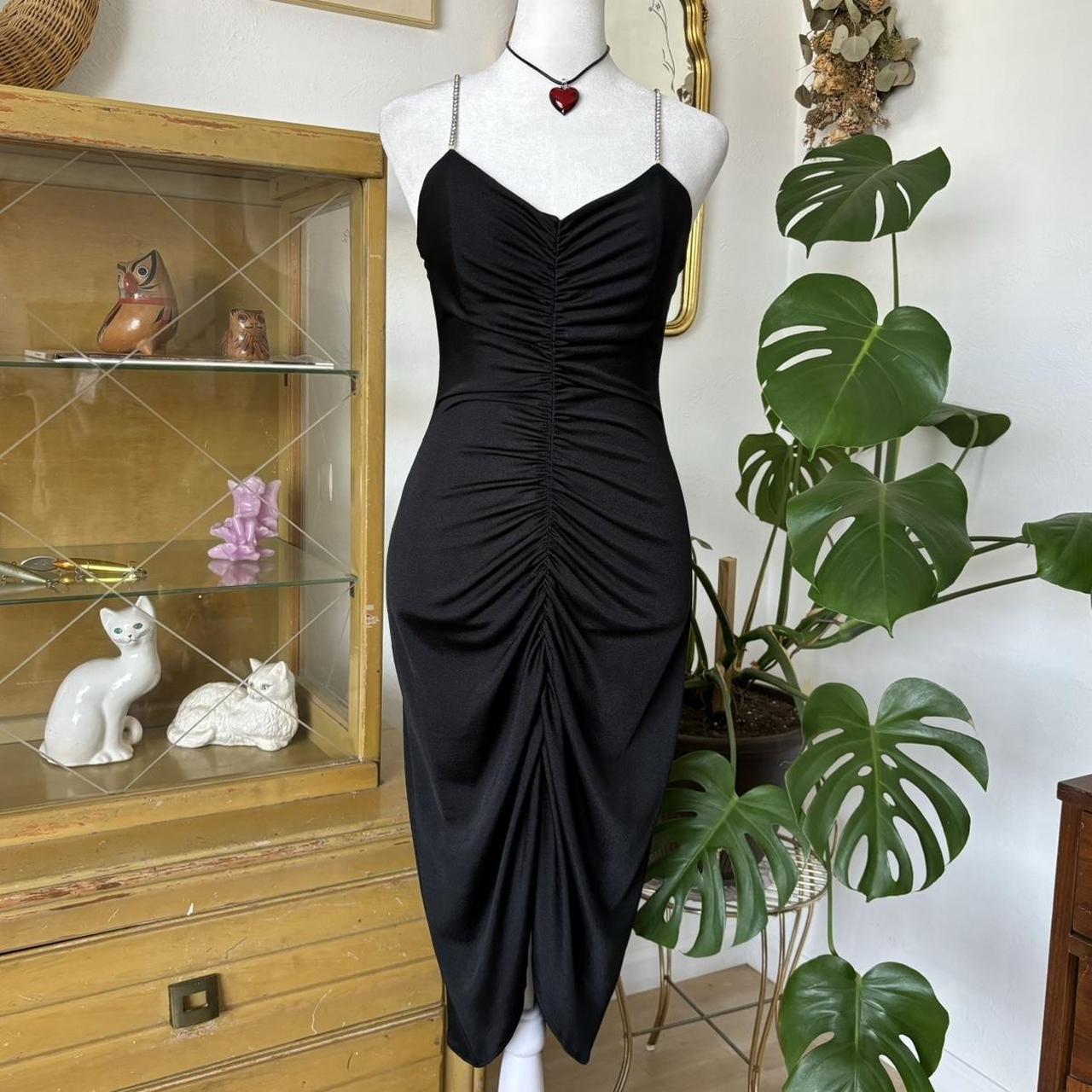 Vintage black midi dress has rhinestone straps