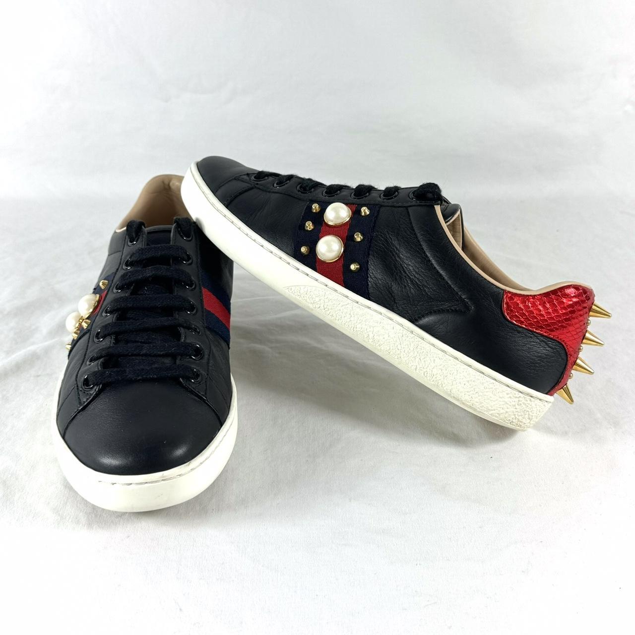 GUCCI Black Leather Ace Pearls Studded Women