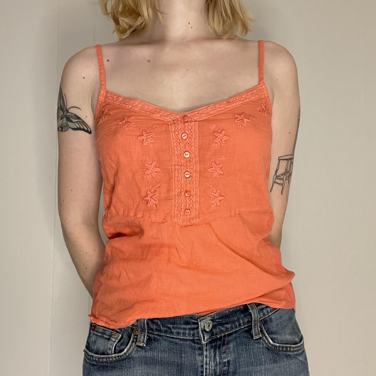 Orange/ salmon pink Henley tank top with lace trim... Depop