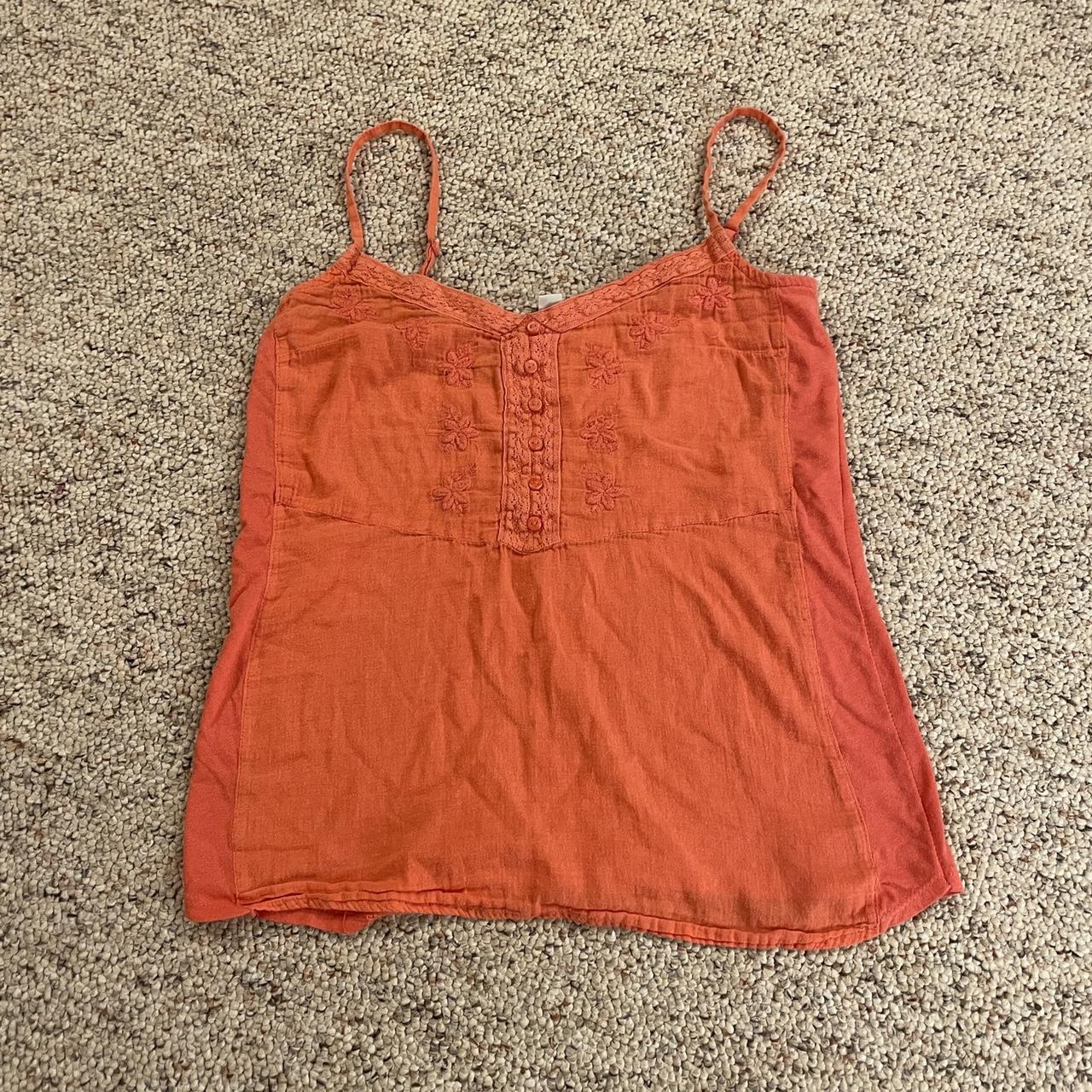 Orange/ salmon pink Henley tank top with lace trim... Depop
