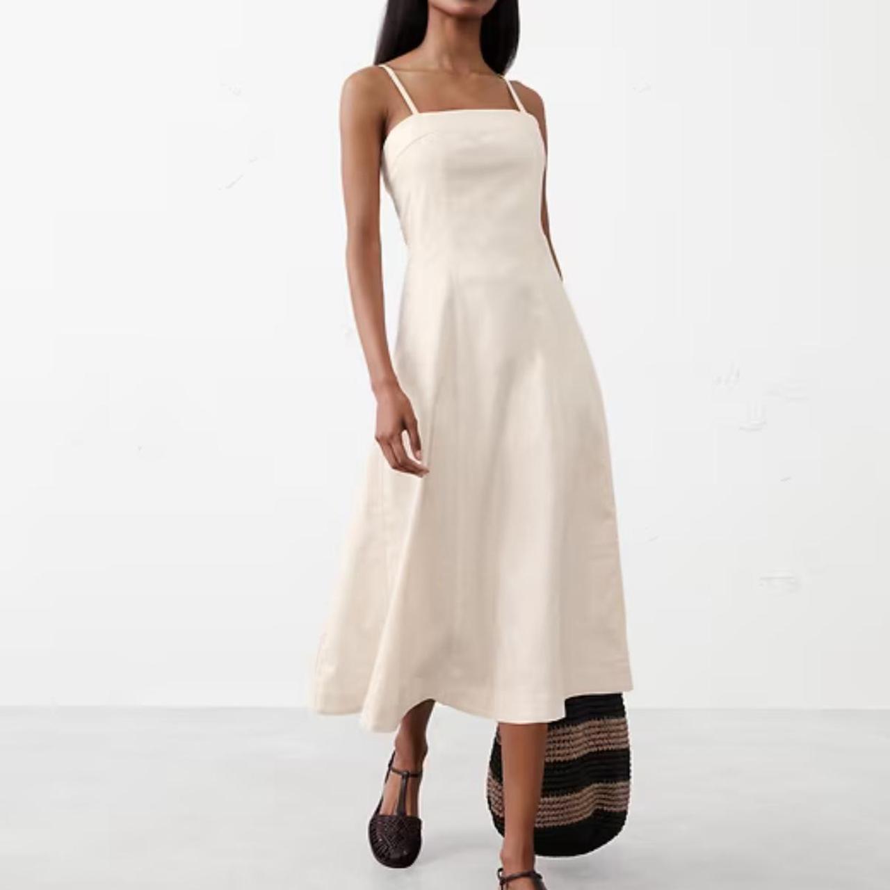 Cream linen midi dress with square neckline and... | Depop