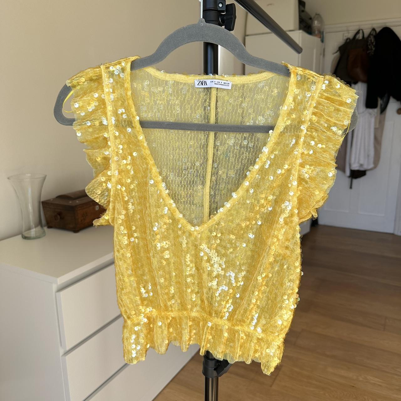 Zara Yellow Sequin Top Size S - Depop