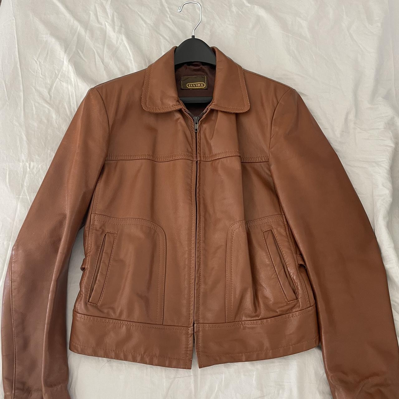 Cropped Brown Leather Jacket. slight tearing on inside. Depop