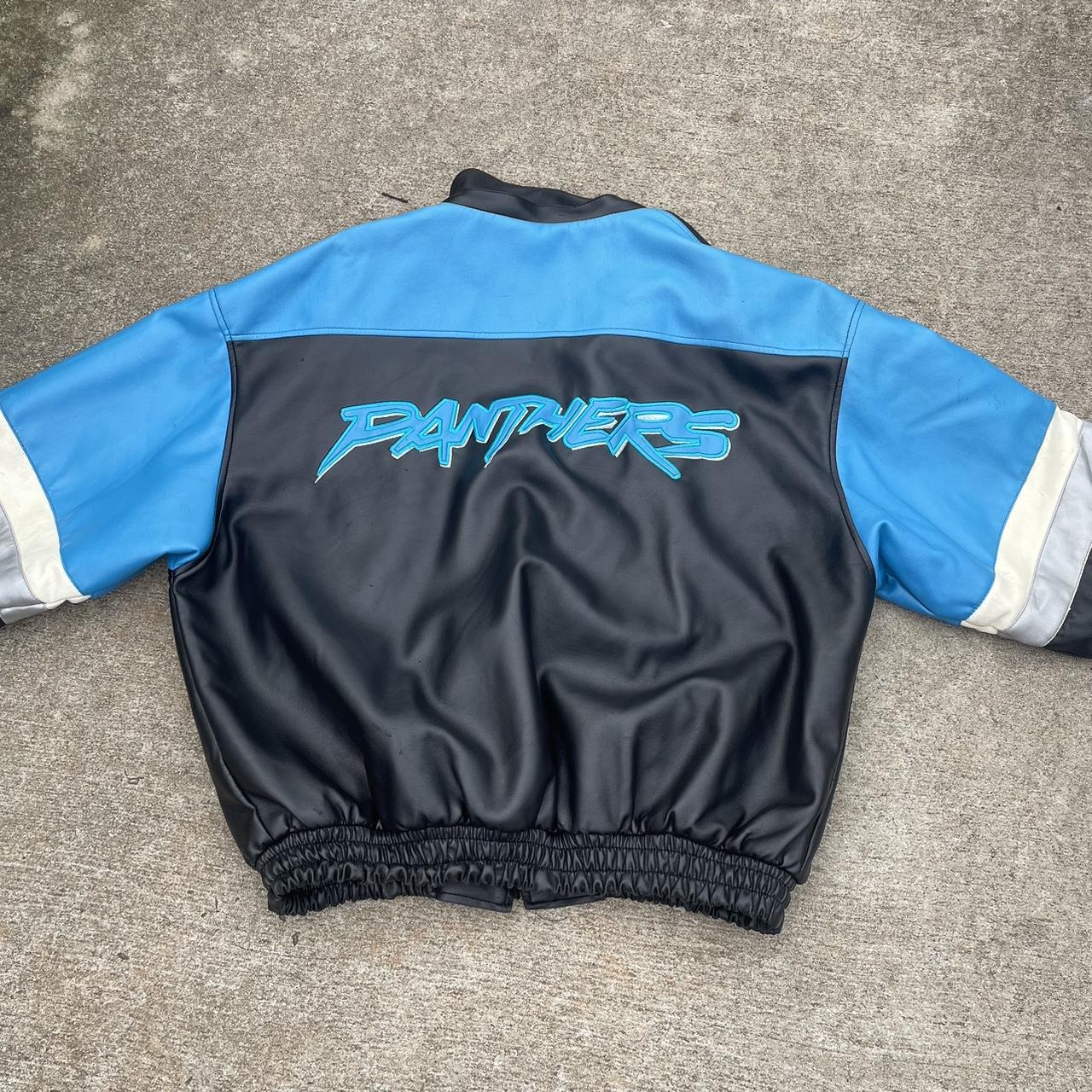 y2k panthers leather jacket. Nfl jacket. no zipper... - Depop