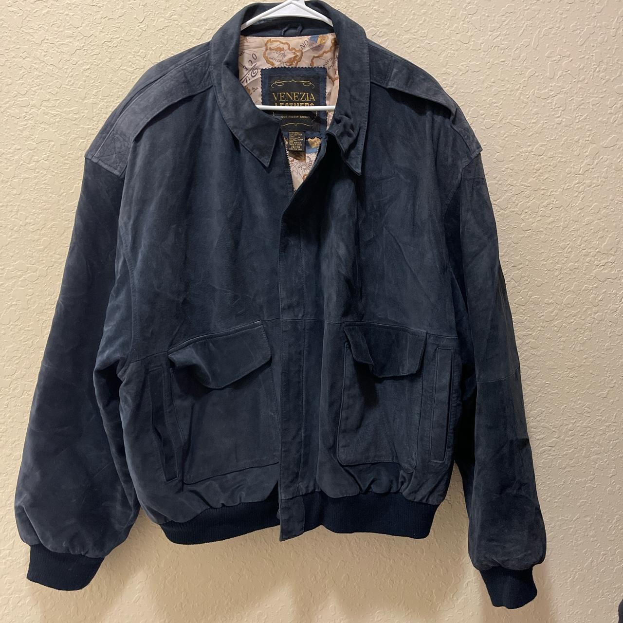 Blue leather jacket, sick map lining. No flaws.... - Depop