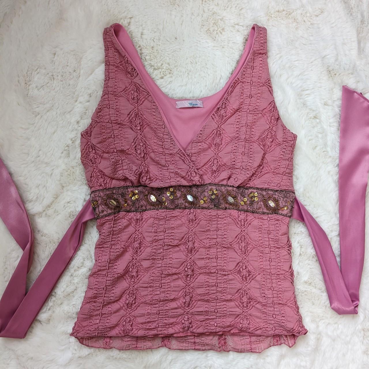 Pink lace Y2K 00s tank top with thick pink ribbon - Depop