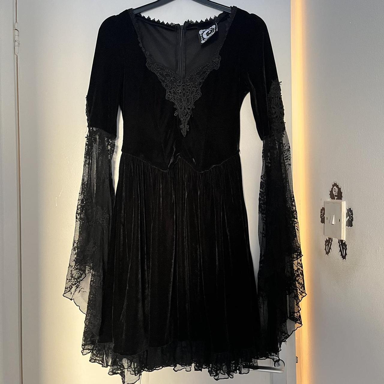 Killstar black velvet dress with lace bell sleeves... - Depop