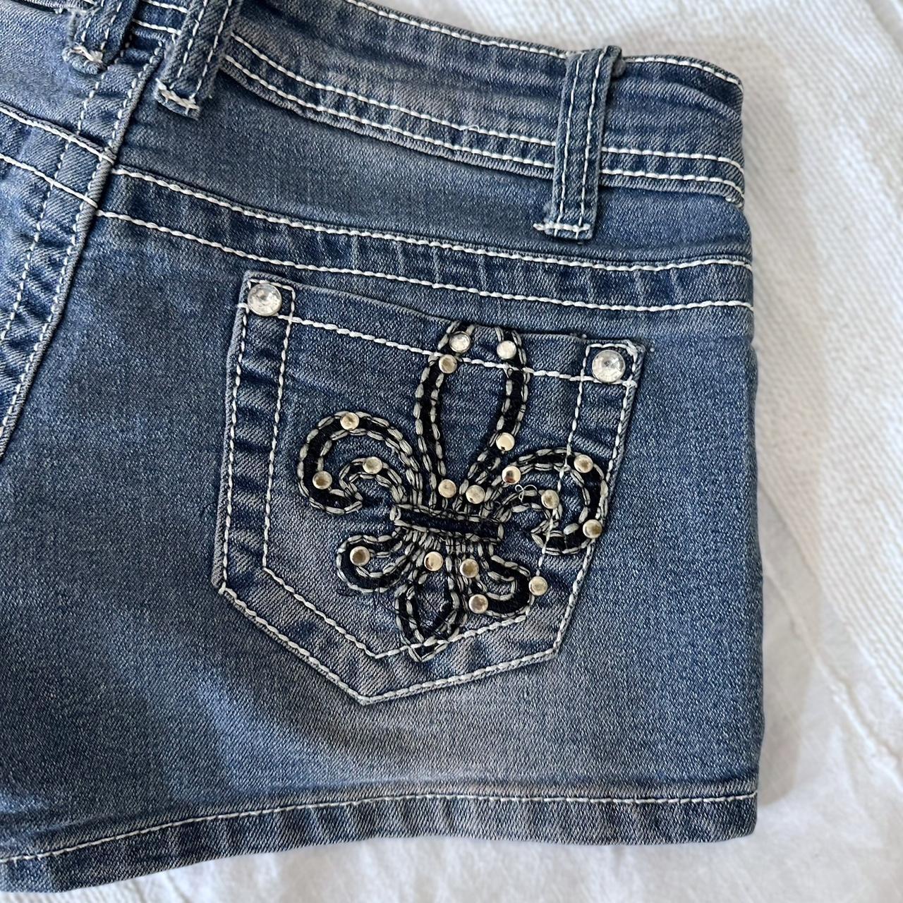 early 2000’s mcbling embroidered studded denim... - Depop