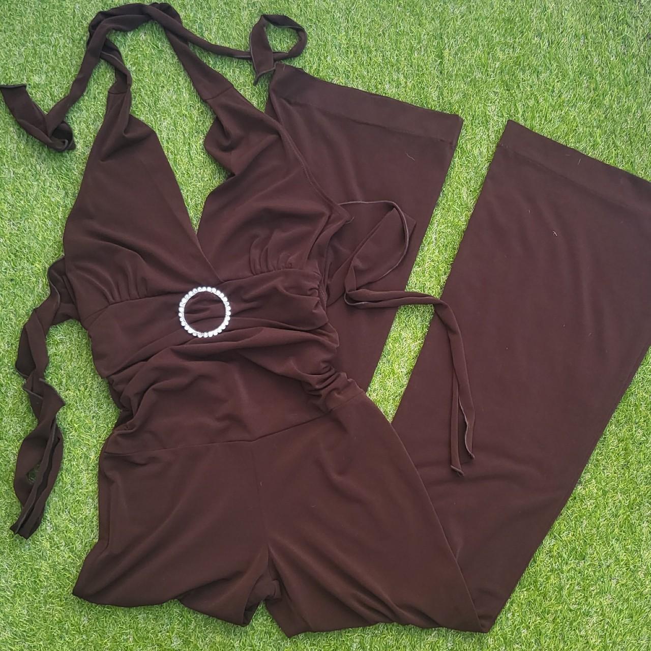 Y2k halter neck flared jumpsuit Brown, super... Depop