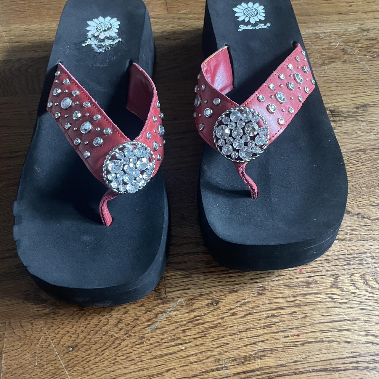 platform flip flops sandals with red rhinestone