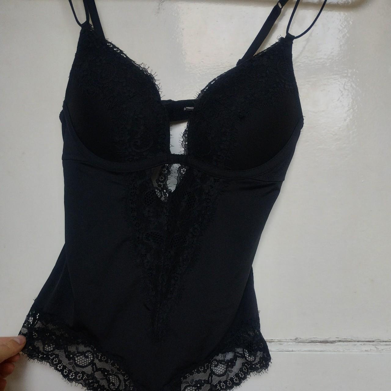 H&M black lace bodysuit with padded cups satin... - Depop