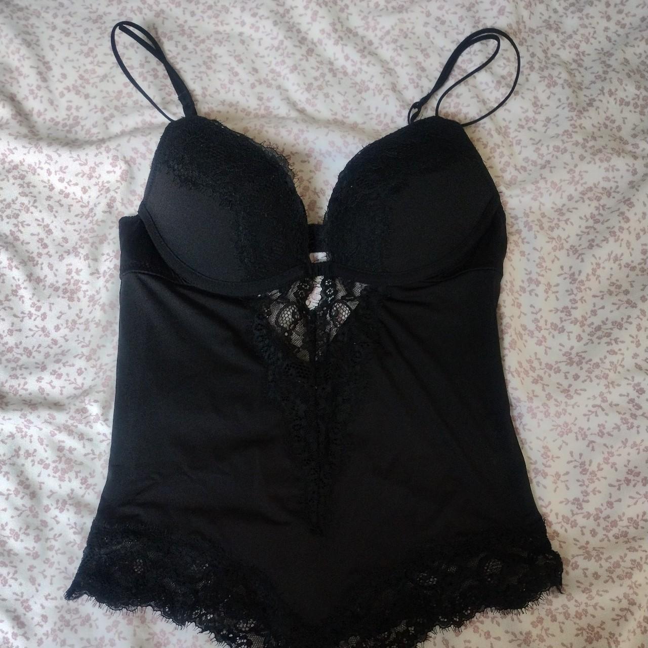 H&M black lace bodysuit with padded cups satin... - Depop