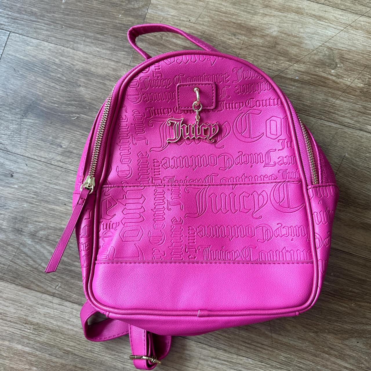 Juicy Couture pink and gold backpack with a zipper. Depop