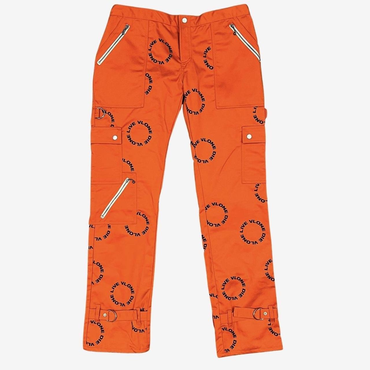 Vlone Orange with Black Logo Bandage Pants - Depop